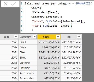 SUMMARIZE function. Example of use