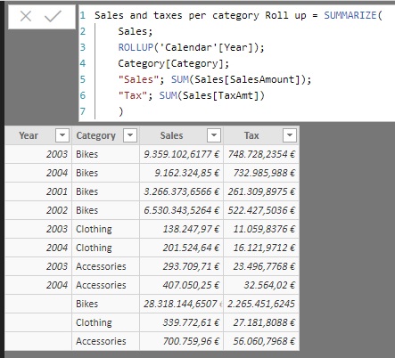 SUMMARIZE function. Example of use