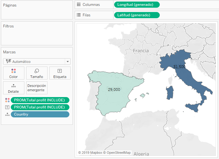 Mapa mostrando el valor medio del beneficio total por país e identificador de venta