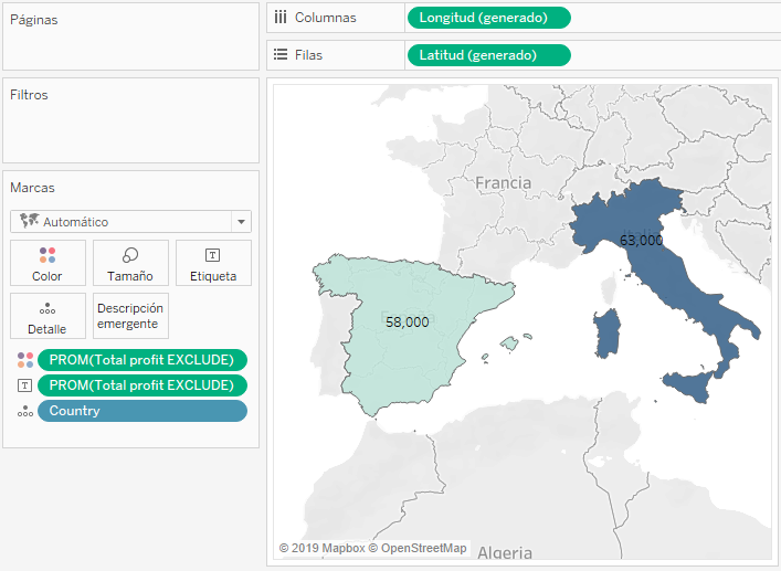 Mapa mostrando el beneficio medio por país