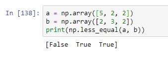 Función numpy.less_equal. Ejemplo de uso
