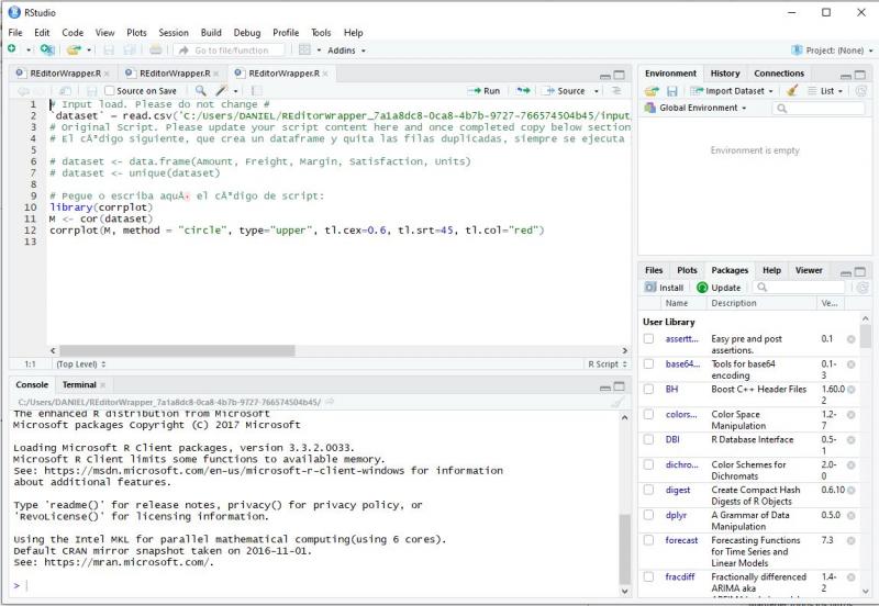R script visual (Objeto visual de script de R). IDE externo: RStudio