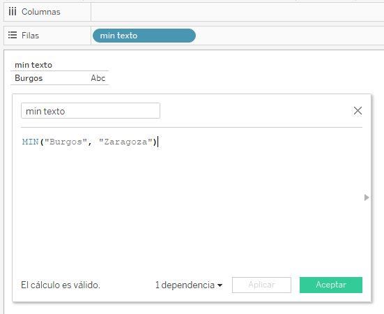 Función MIN aplicada a dos cadenas de texto