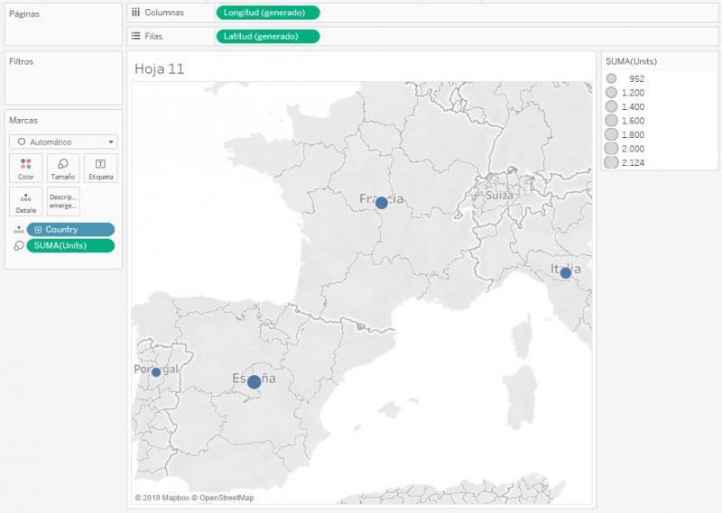 Mapa de burbujas mostrando unidades vendidas por país