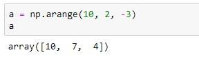 La función np.arange con un incremento negativo