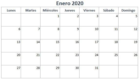 Calendario de enero de 2020