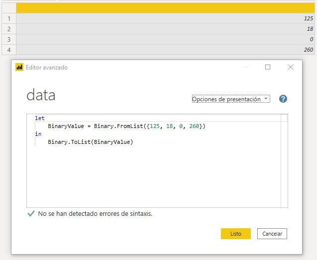 Función M Binary.ToList