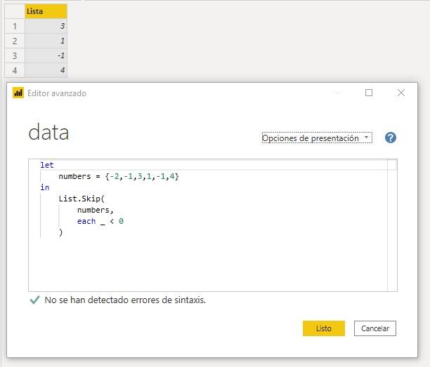 Función M List.Skip