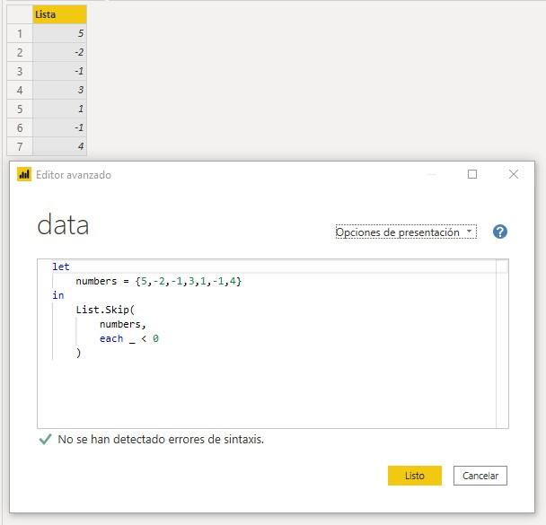 Función M List.Skip