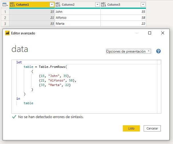 Función M Table.FromRows