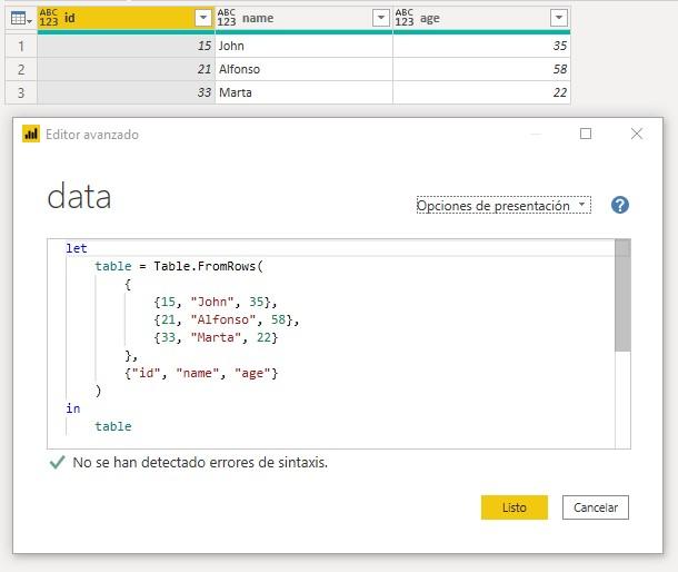 Función M Table.FromRows