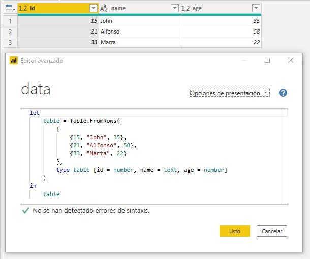 Función M Table.FromRows