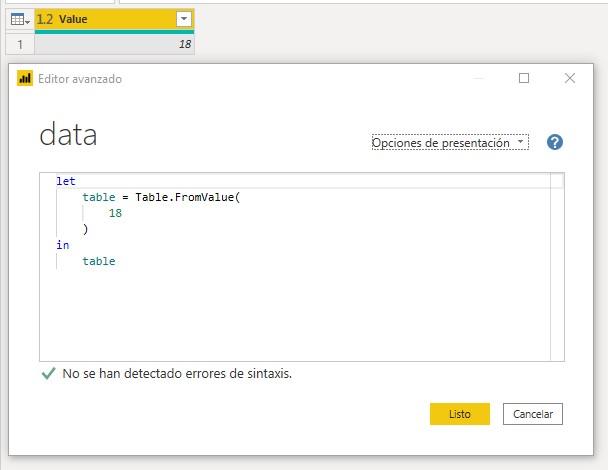 Función M Table.FromValue
