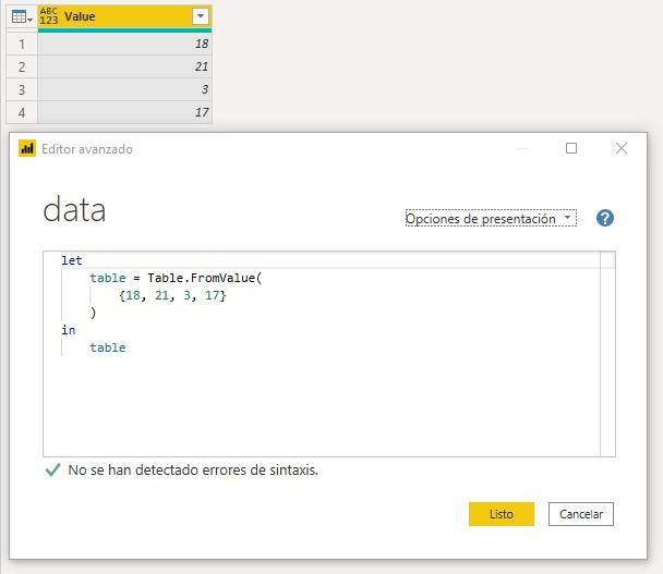 Función M Table.FromValue