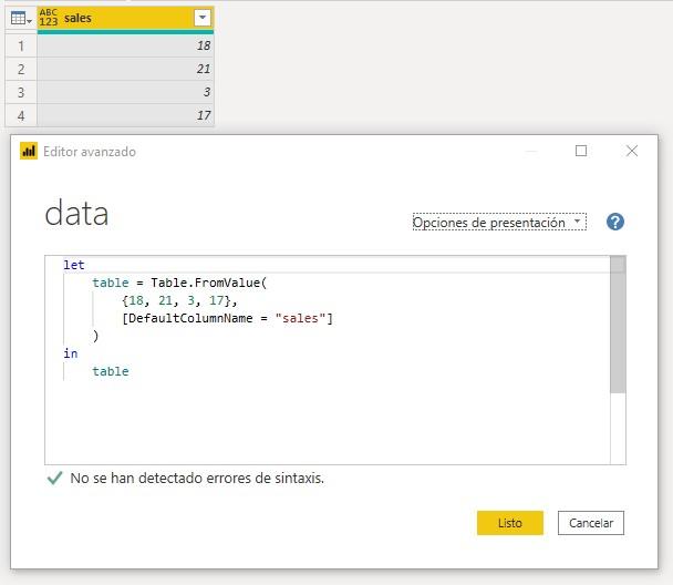 Función M Table.FromValue