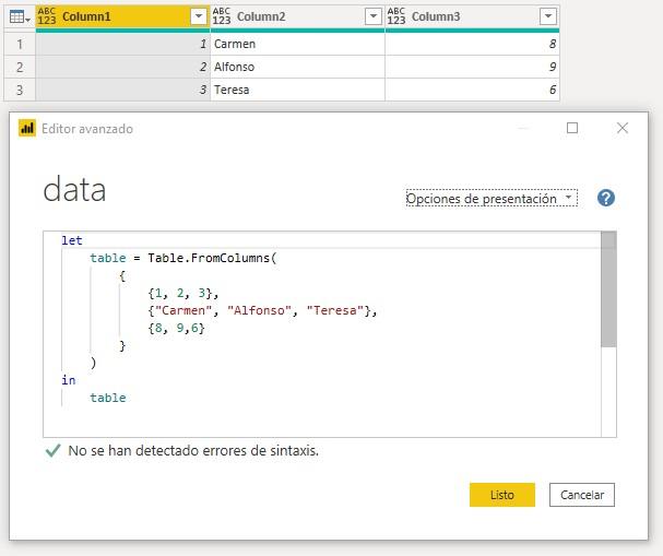 Función M Table.FromColumns