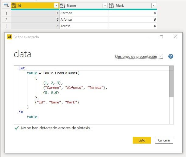 Función M Table.FromColumns
