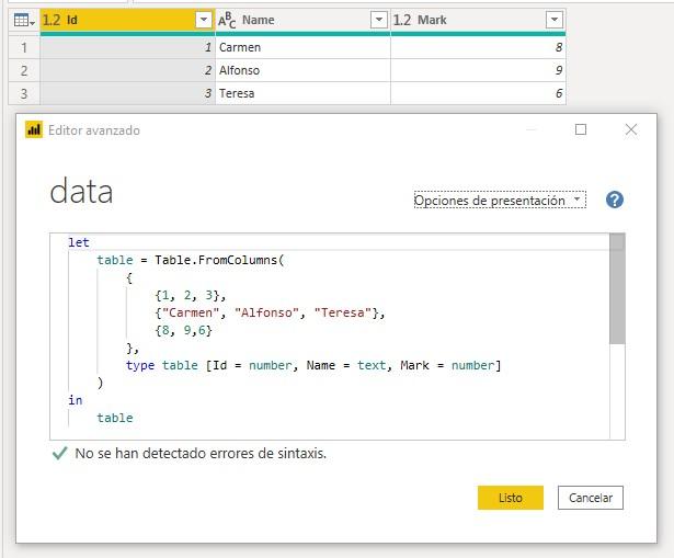 Función M Table.FromColumns