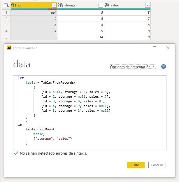 Función M Table.FillDown