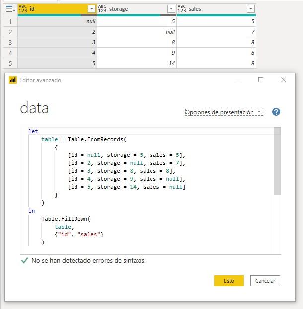 Función M Table.FillDown