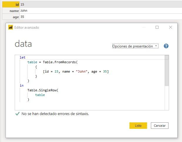 Función M Table.SingleRow