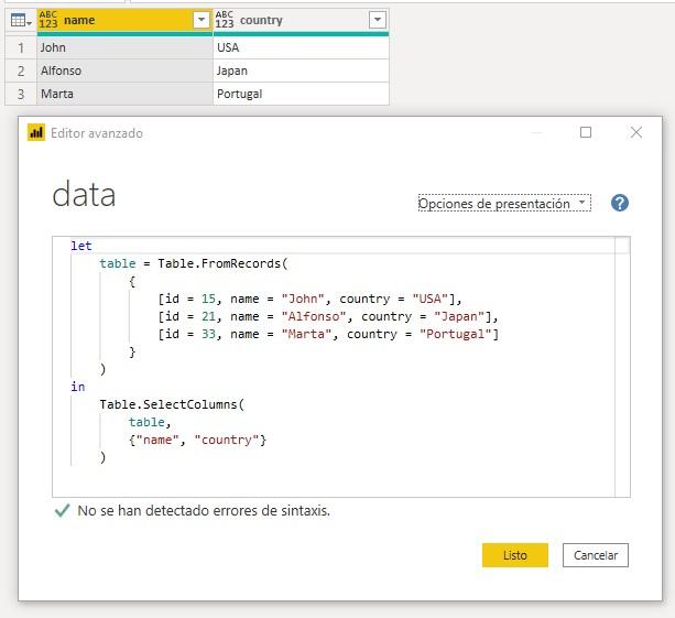 Función M Table.SelectColumns