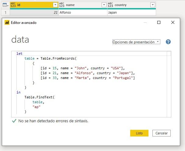 Función M Table.FindText