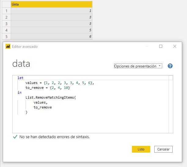 Función M List.RemoveMatchingItems
