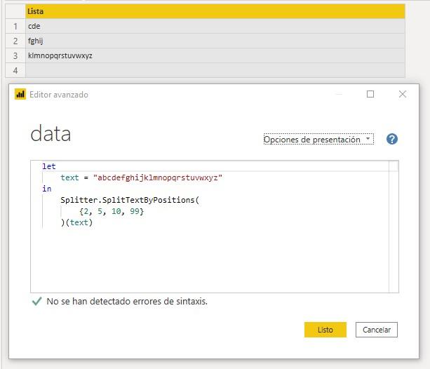 Función M Splitter.SplitTextByPositions