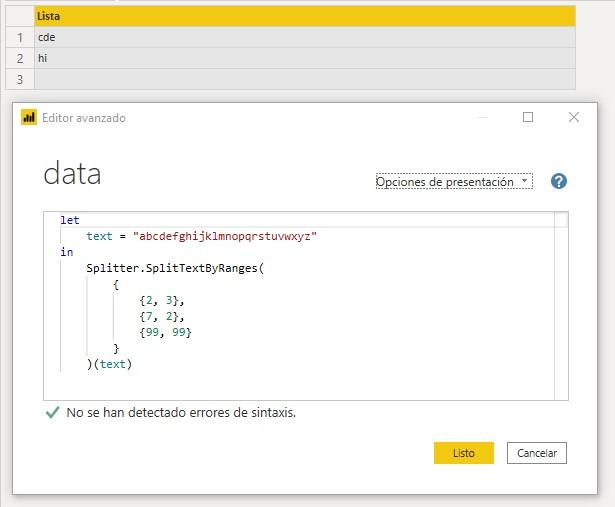 Función M Splitter.SplitTextByRanges