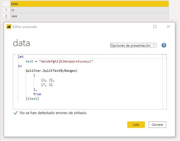 Función M Splitter.SplitTextByRanges