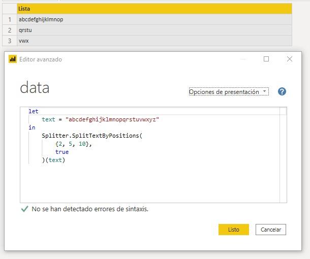 Función M Splitter.SplitTextByPositions