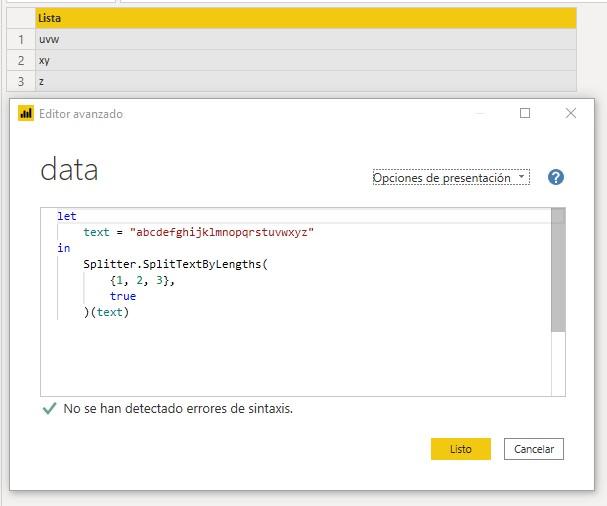 Función M Splitter.SplitTextByLengths