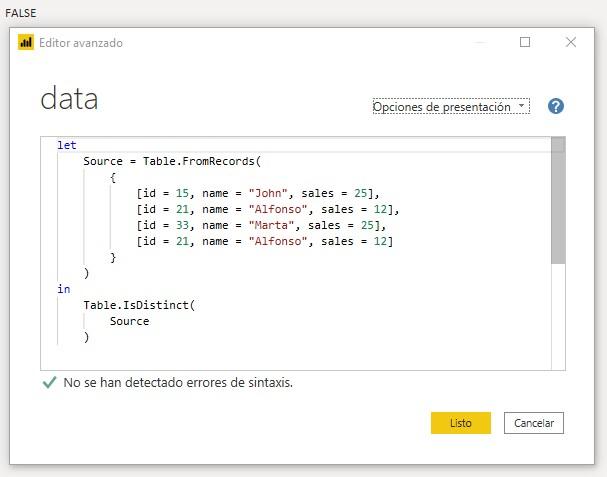 Función M Table.IsDistinct