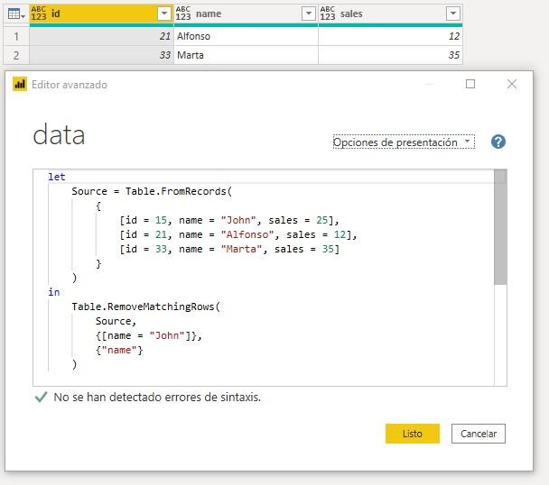 Función M Table.RemoveMatchingRows