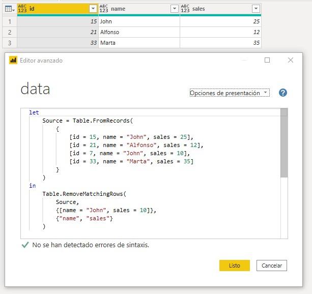 Función M Table.RemoveMatchingRows