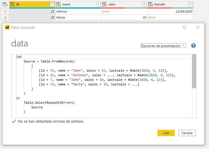 Función M Table.SelectRowsWithErrors