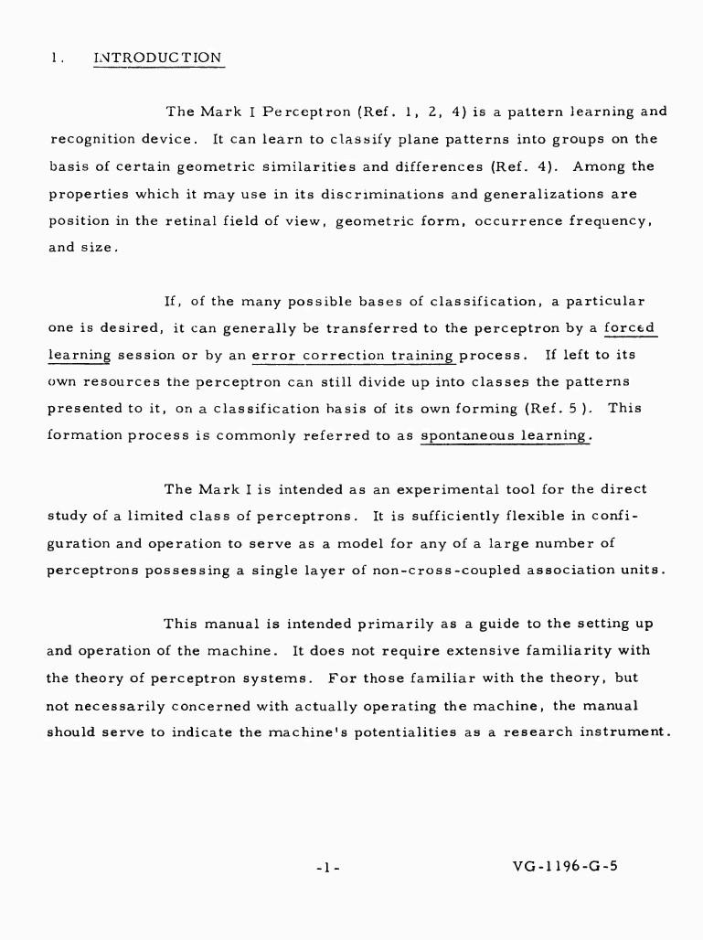 Primera página del manual de operaciones del Mark I Perceptron